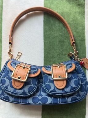 Coach Denim Logo Mini Shoulder Bag with Tan Leather Trim